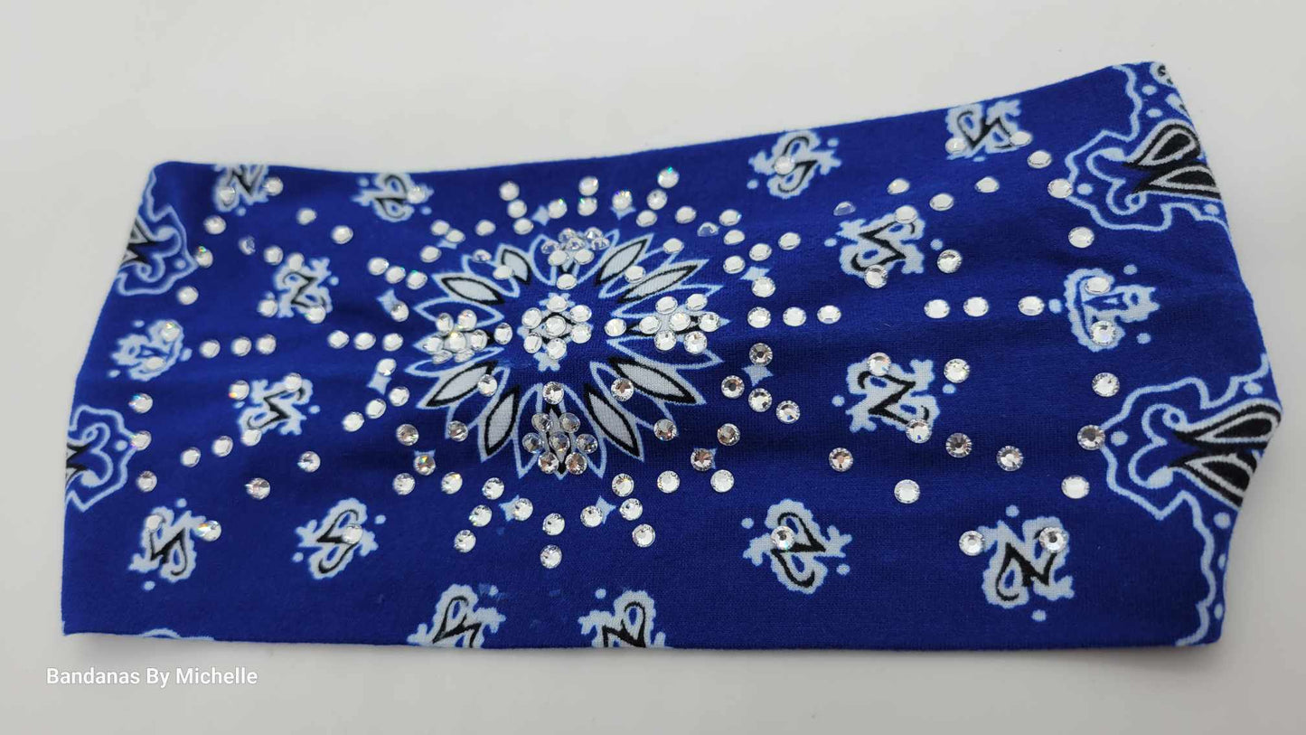 Stretchy Headband Soft Royal Blue With Diamond Clear Crystals (Sku5387)