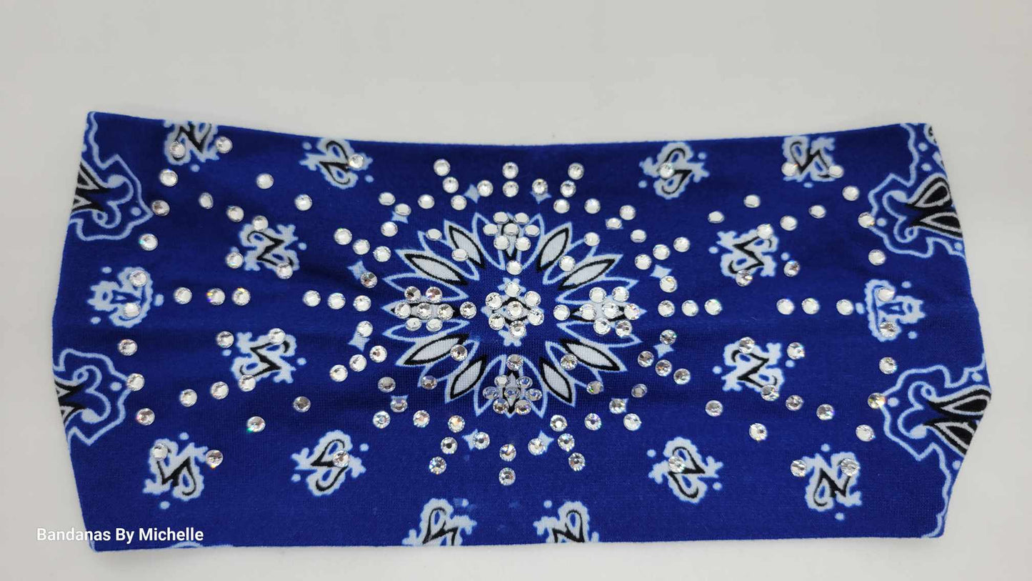 Stretchy Headband Soft Royal Blue With Diamond Clear Crystals (Sku5387)