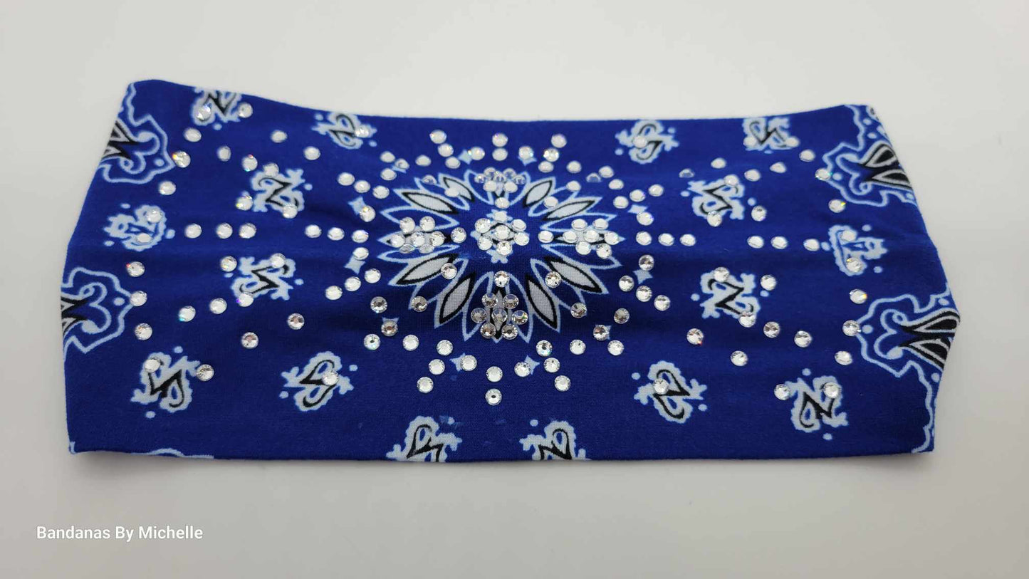 Stretchy Headband Soft Royal Blue With Diamond Clear Crystals (Sku5387)