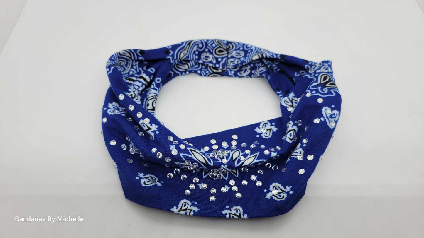 Stretchy Headband Soft Royal Blue With Diamond Clear Crystals (Sku5387)