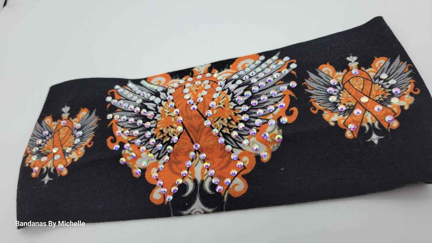 Stretchy Headband Orange Ribbon With Aurora Borealis Crystals (Sku5390)