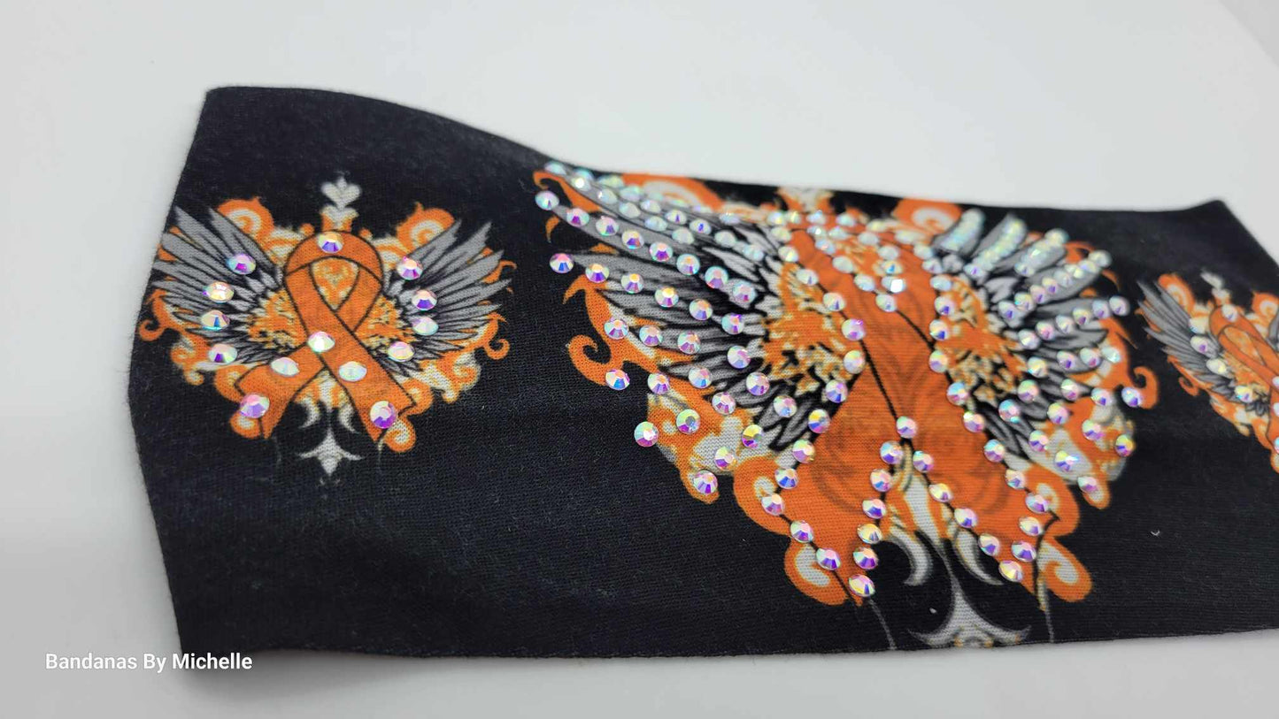 Stretchy Headband Orange Ribbon With Aurora Borealis Crystals (Sku5390)