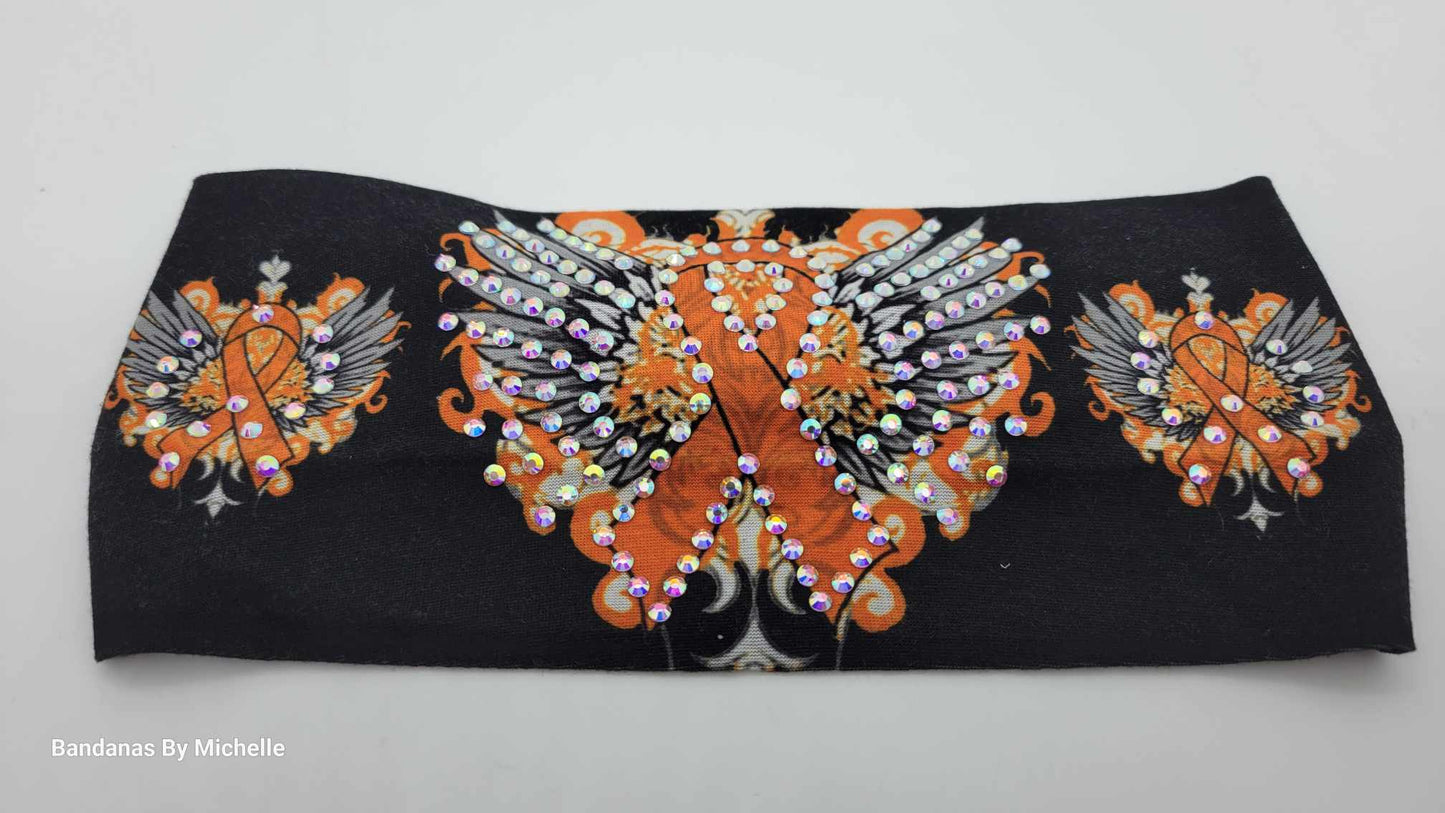 Stretchy Headband Orange Ribbon With Aurora Borealis Crystals (Sku5390)