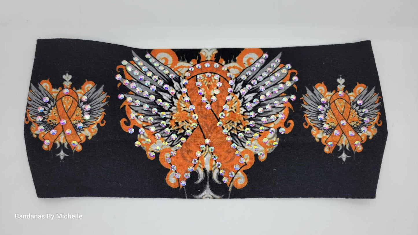 Stretchy Headband Orange Ribbon With Aurora Borealis Crystals (Sku5390)