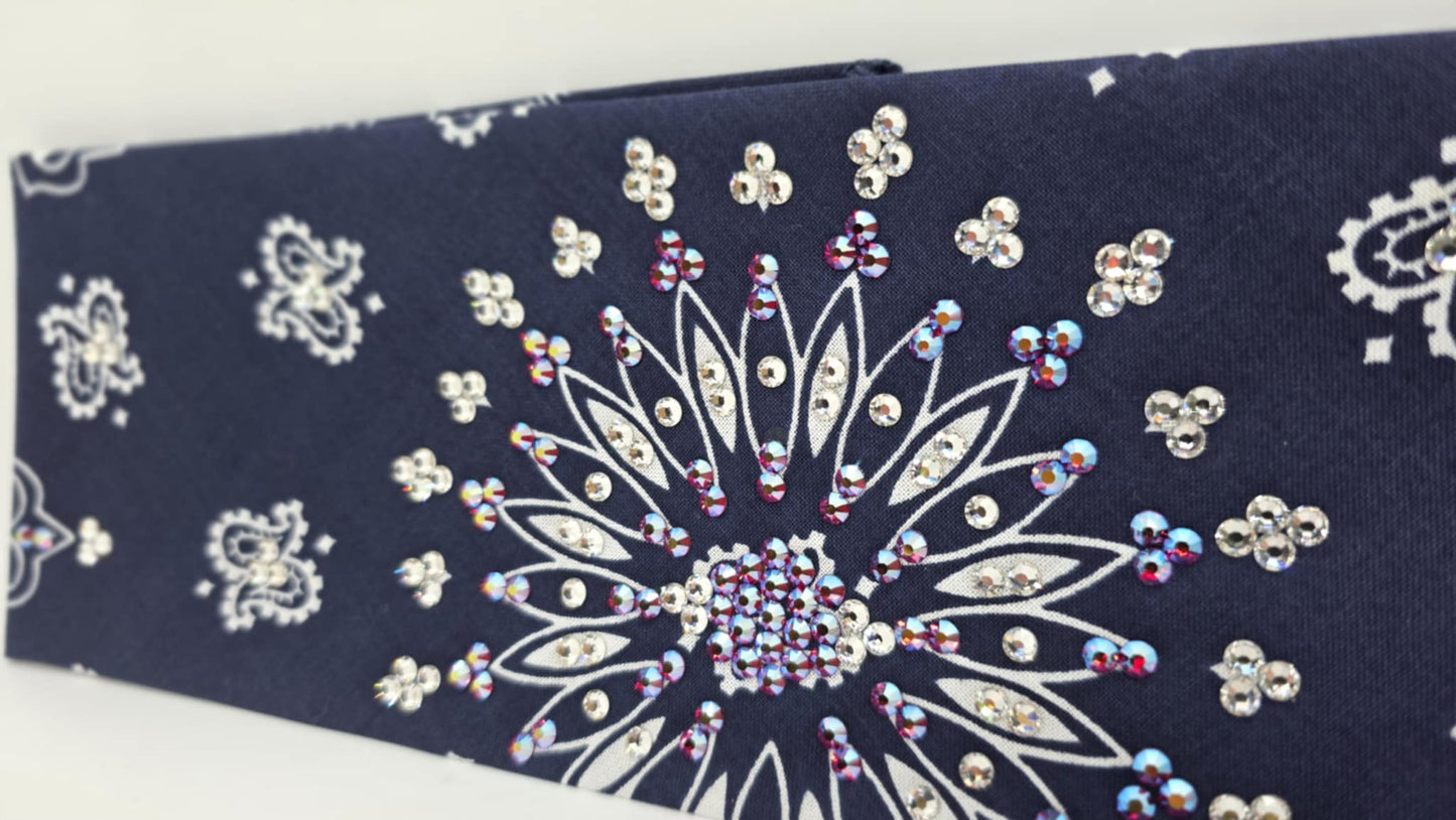 EXTRA BLING - Navy Paisley Bandana with Red Shimmer and Diamond Clear Austrian Crystals (sku6393)