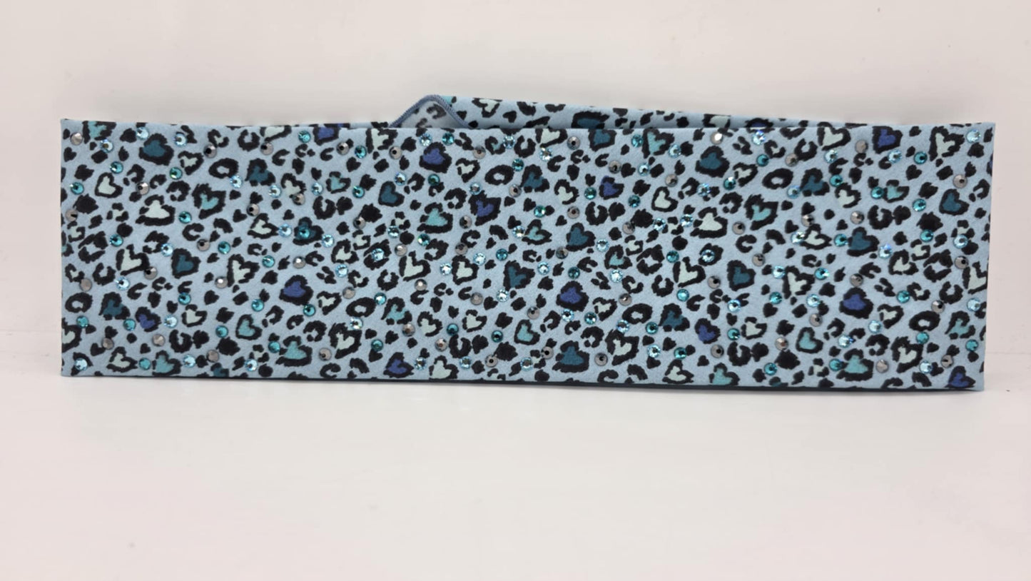 EXTRA BLING - Blue Leopard Hearts Bandana with Light Blue, Bright Blue and Black Austrian Crystals (sku6395)
