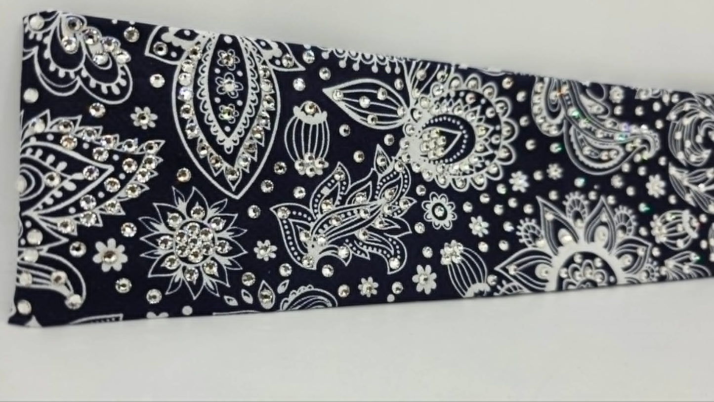 LeeAnnette White on Blue Paisley Bandana with Diamond Clear Austrian Crystals (L40240)