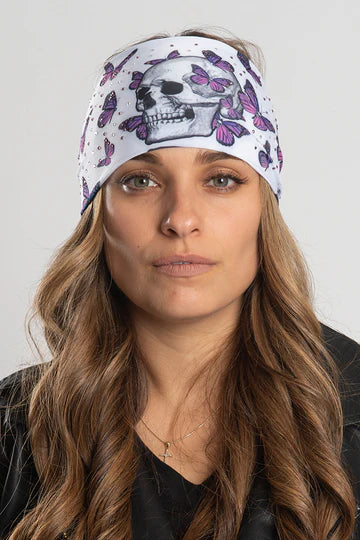 Stretchy Headband Skull and Butterflies with Gemstone (Sku5435)