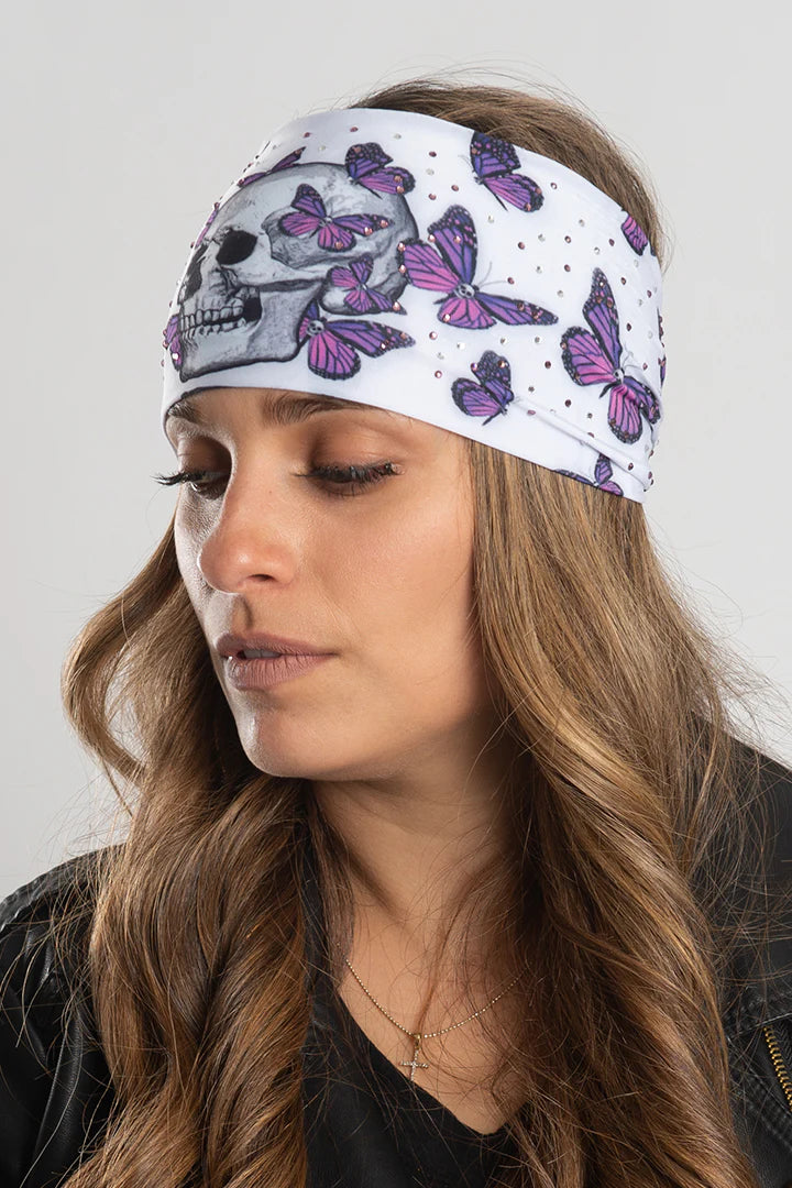 Stretchy Headband Skull and Butterflies with Gemstone (Sku5435)