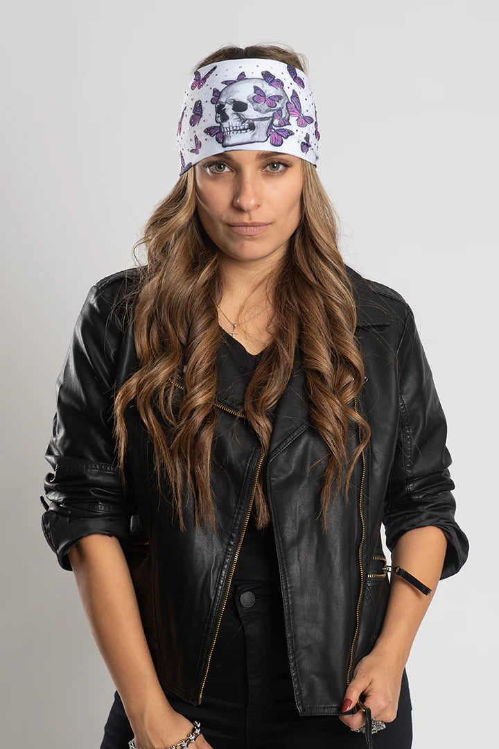 Stretchy Headband Skull and Butterflies with Gemstone (Sku5435)