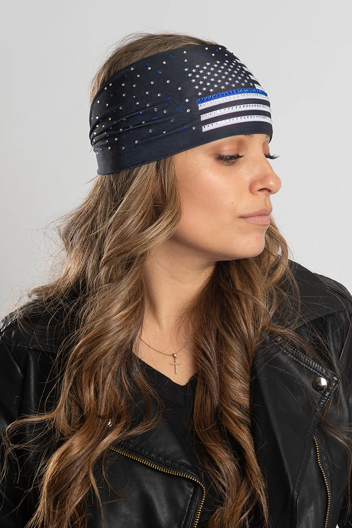 Stretchy Headband Thin Blue Line with Gemstone (Sku5432)