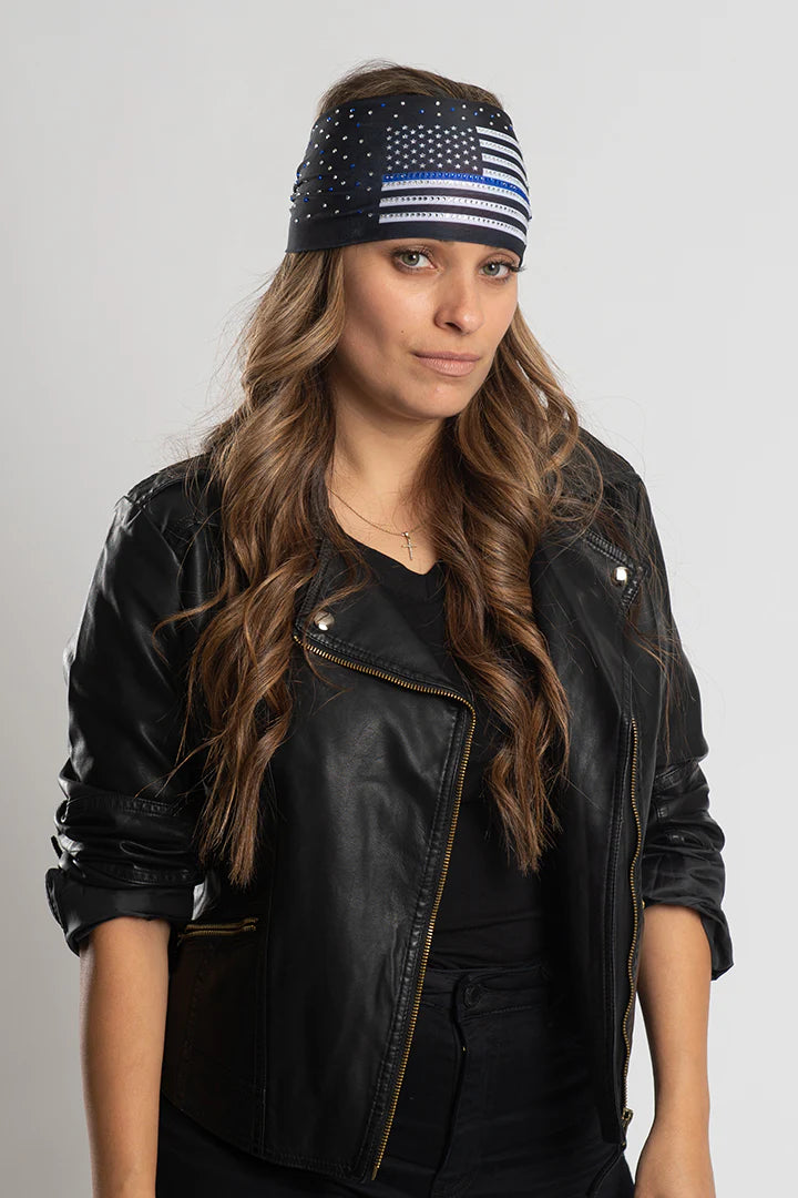 Stretchy Headband Thin Blue Line with Gemstone (Sku5432)