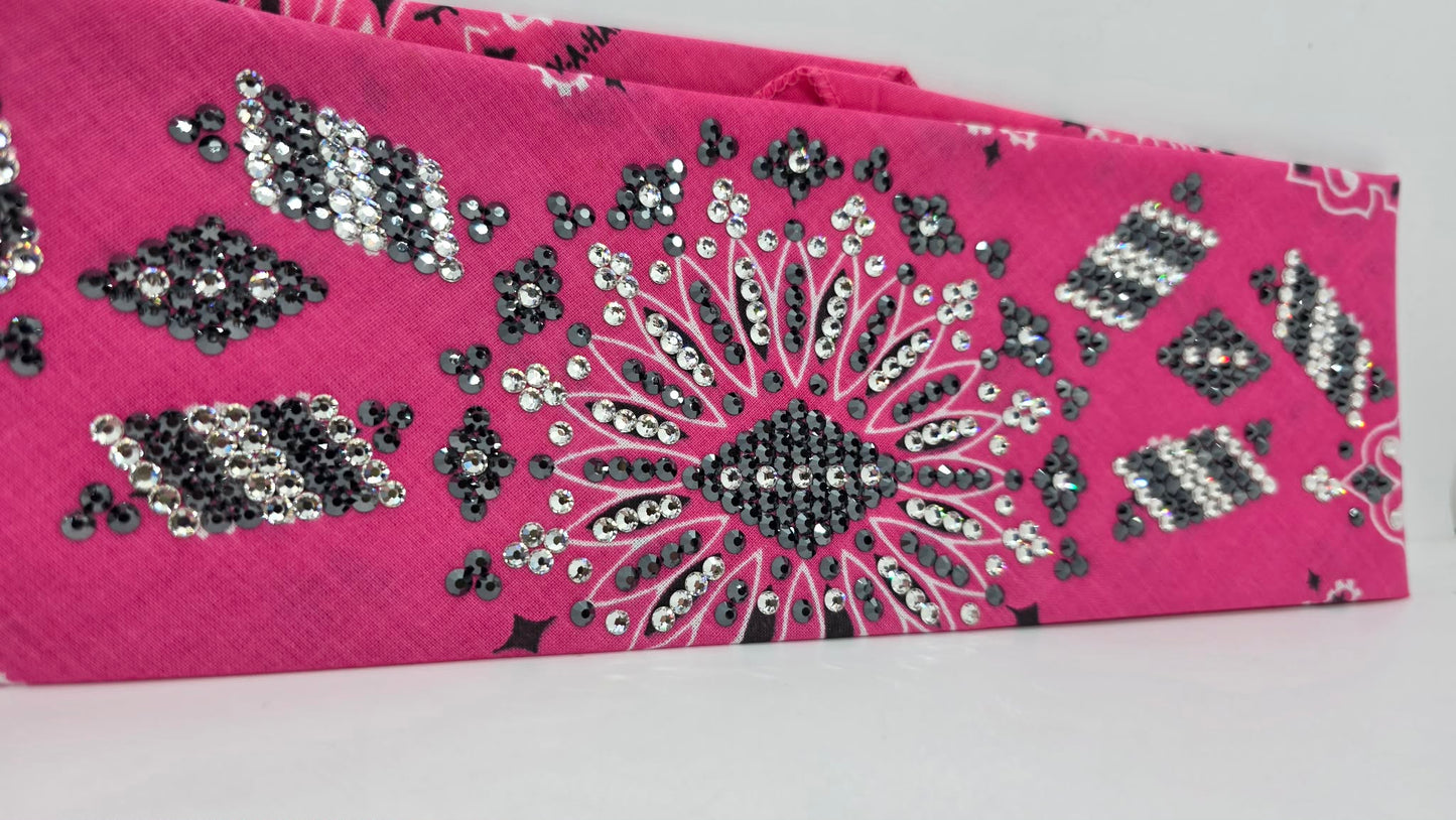 Super LeeAnnette Pink Paisley Bandana with Black and Diamond Sea Austrian Crystals (S48139)