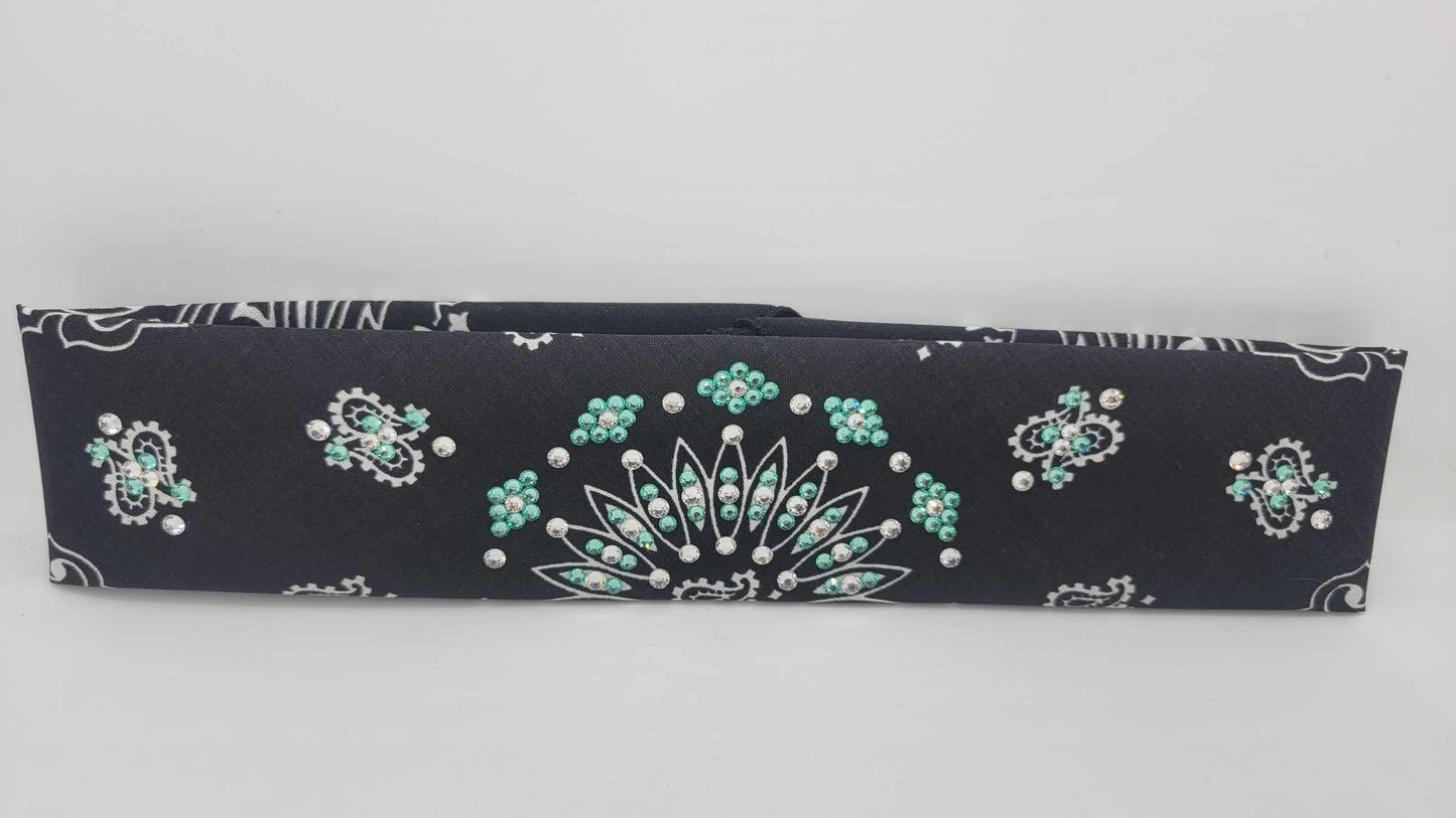 Narrow Black Paisley Bandana with Caribbean Sea and Diamond Clear Austrian Crystals (Sku6226)