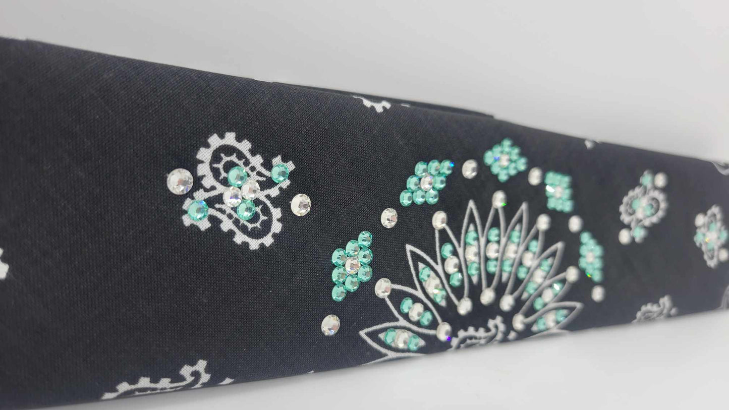 Narrow Black Paisley Bandana with Caribbean Sea and Diamond Clear Austrian Crystals (Sku6226)