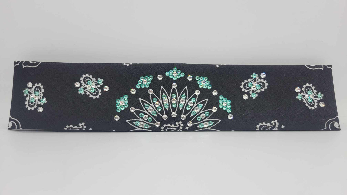 Narrow Black Paisley Bandana with Caribbean Sea and Diamond Clear Austrian Crystals (Sku6226)