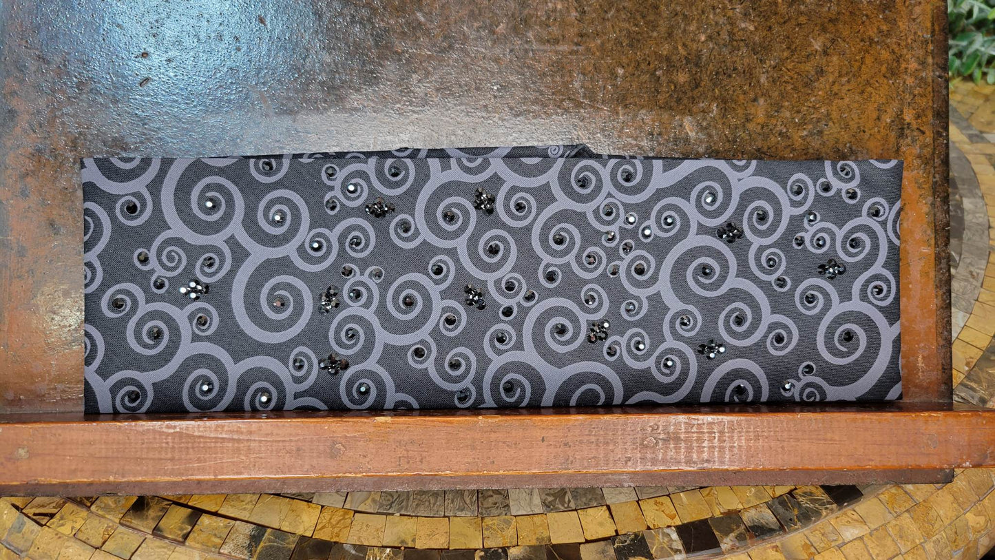 Black and Grey Scrolls Bandana with Black Austrian Crystals (Sku6084)