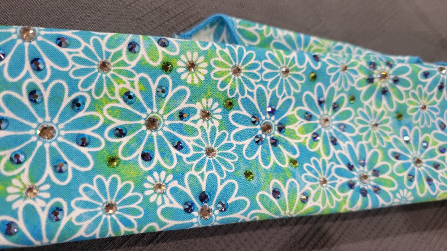 Narrow Green/Blue Daisies with Peridot, Blue Shimmer and Diamond Clear Austrian Crystals (Sku6093)