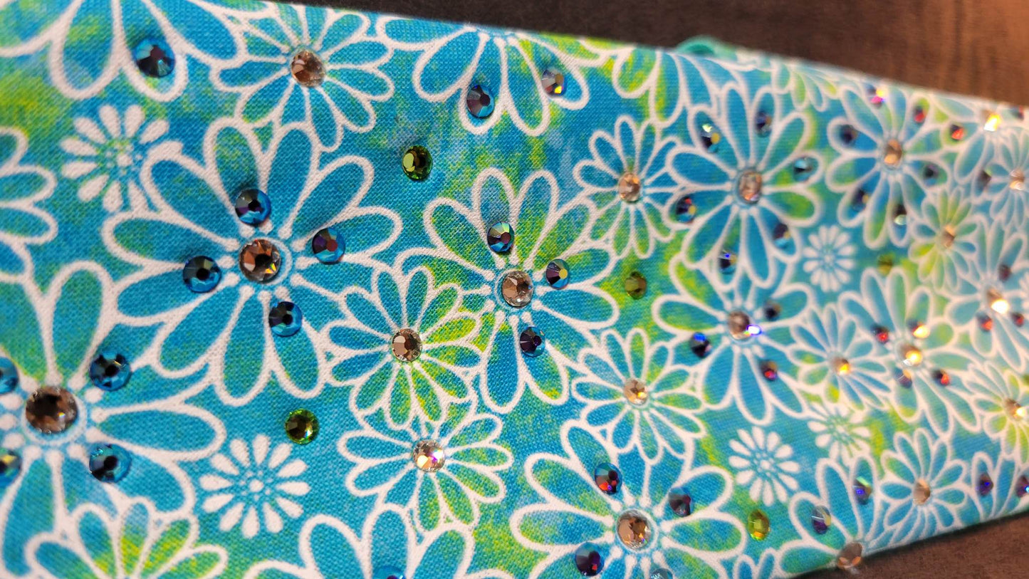 Blue and Green Daisies with Peridot, Blue Shimmer and Diamond Clear Austrian Crystals (Sku6095)