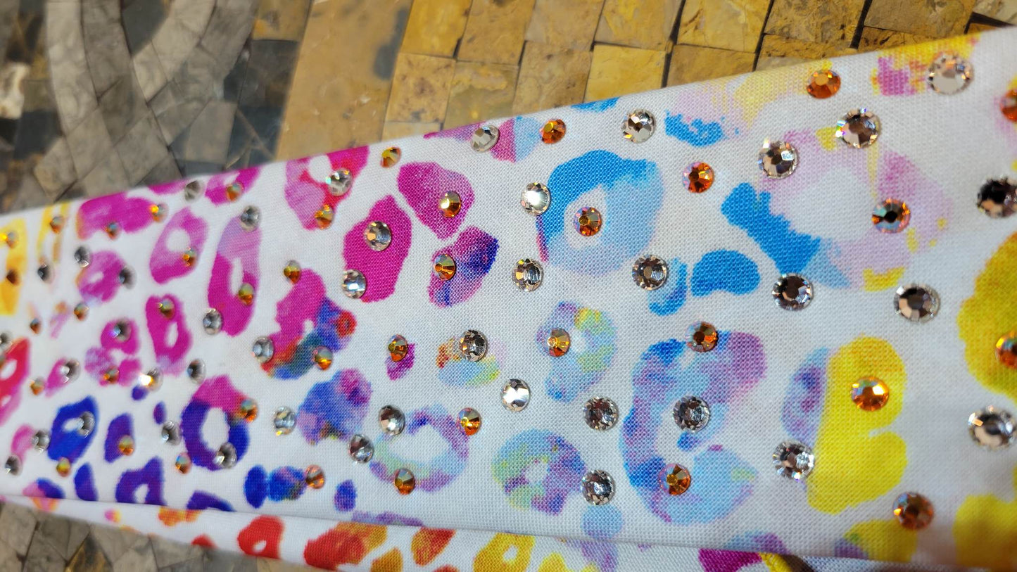 Narrow Colorful Leopard Bandana with Orange Shimmer and Diamond Clear Austrian Crystals (Sku6111)