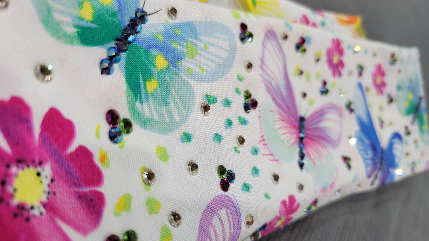 Colorful Butterflies Bandana with Pink, Light Green, Blue Shimmer and Diamond Clear Austrian Crystals (Sku6112)