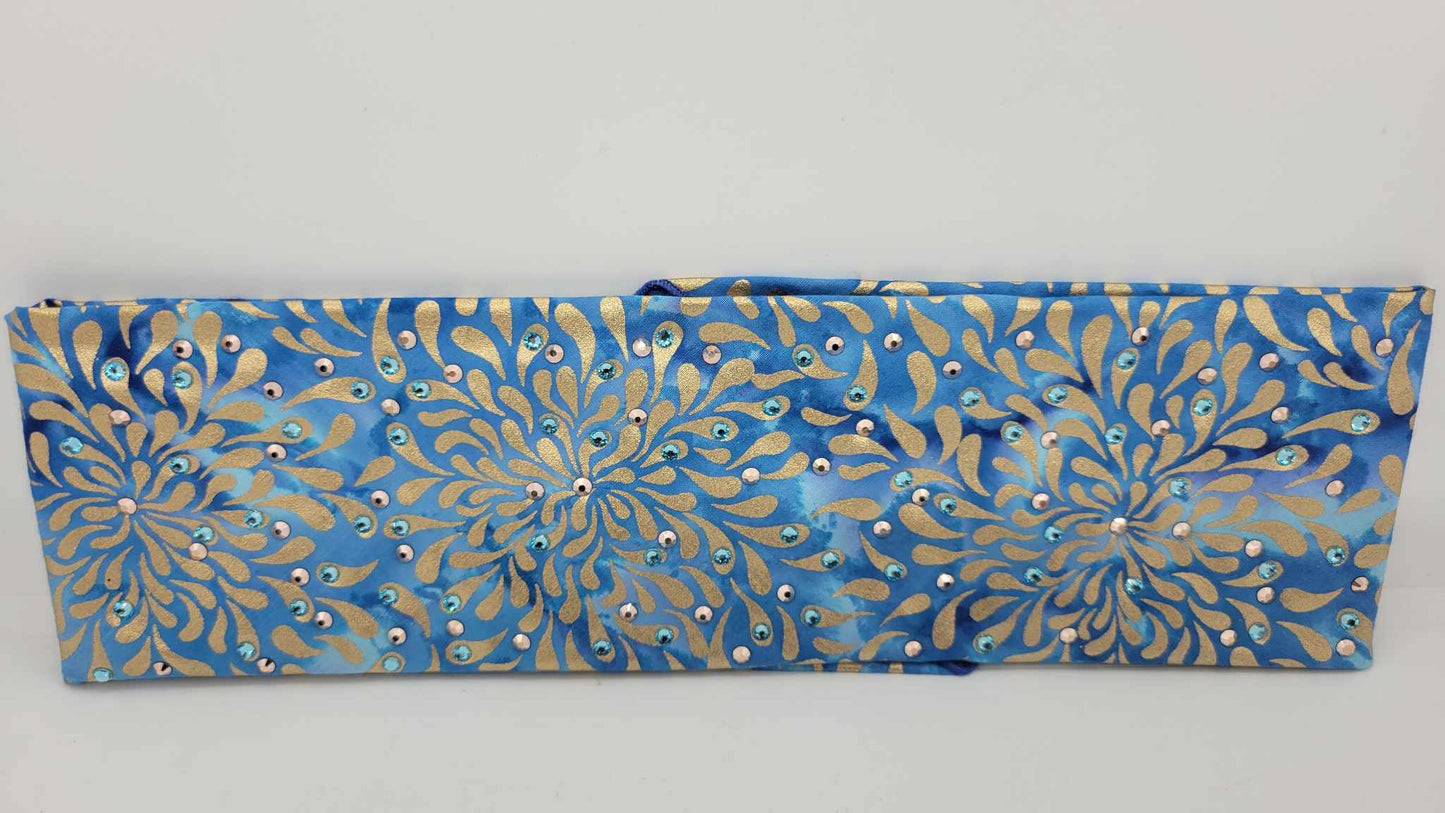 Gold Flowers on Blue with Aqua and Rose Gold Austrian Crystals (Sku6121)