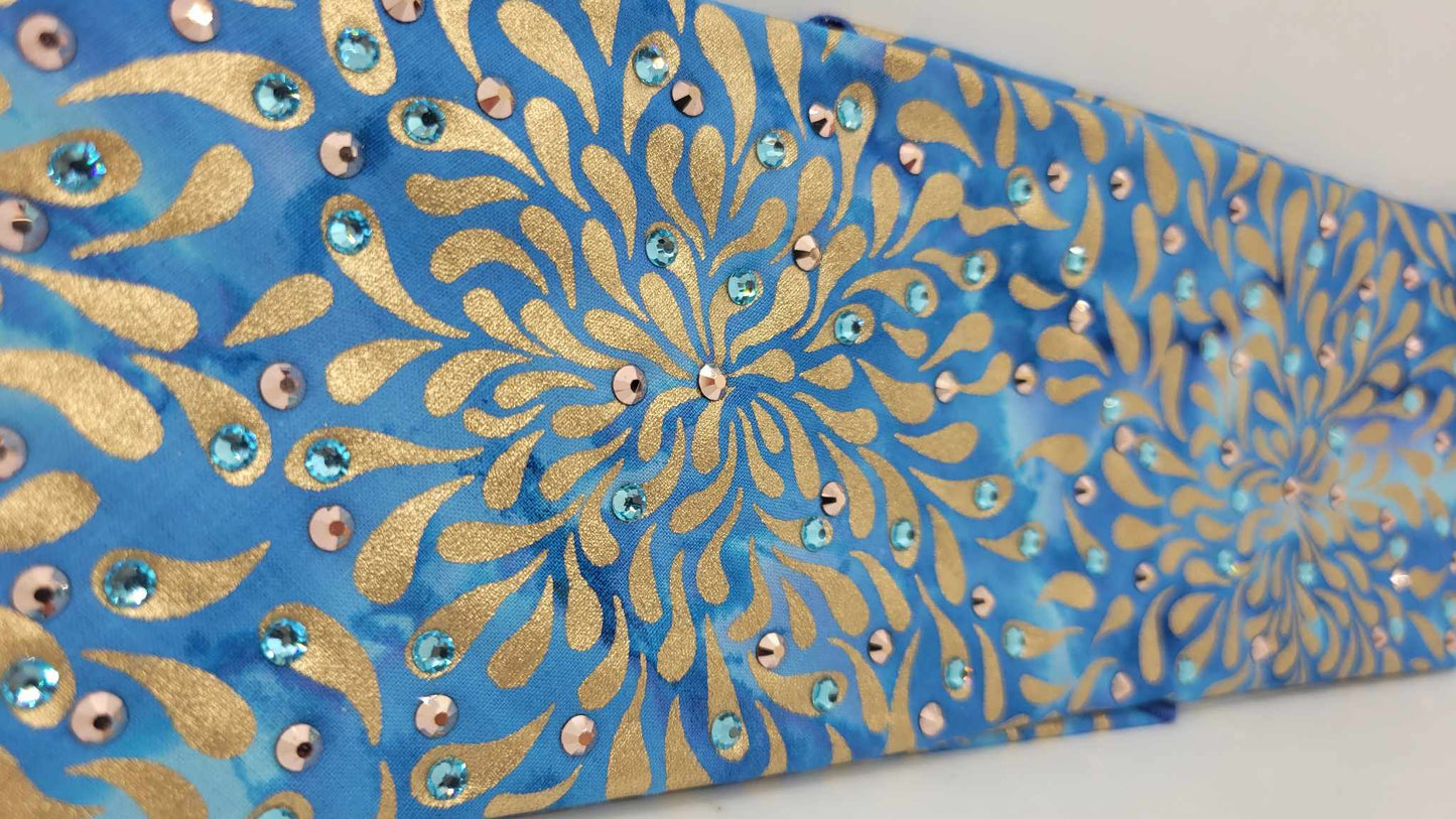 Gold Flowers on Blue with Aqua and Rose Gold Austrian Crystals (Sku6121)