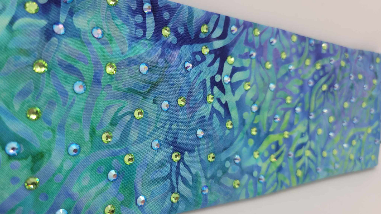 Blue and Green Seaweed Bandana with Blue Shimmer and Peridot Austrian Crystals (Sku6125)