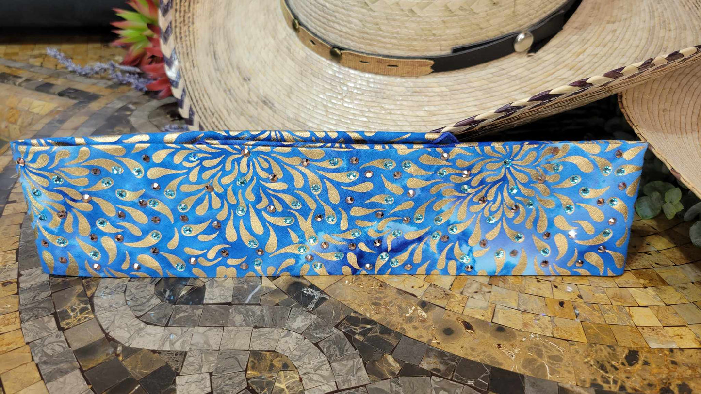 Narrow Gold Flowers on Blue with Aqua and Rose Gold Austrian Crystals (Sku6126)