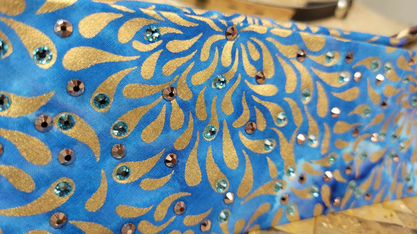 Narrow Gold Flowers on Blue with Aqua and Rose Gold Austrian Crystals (Sku6126)