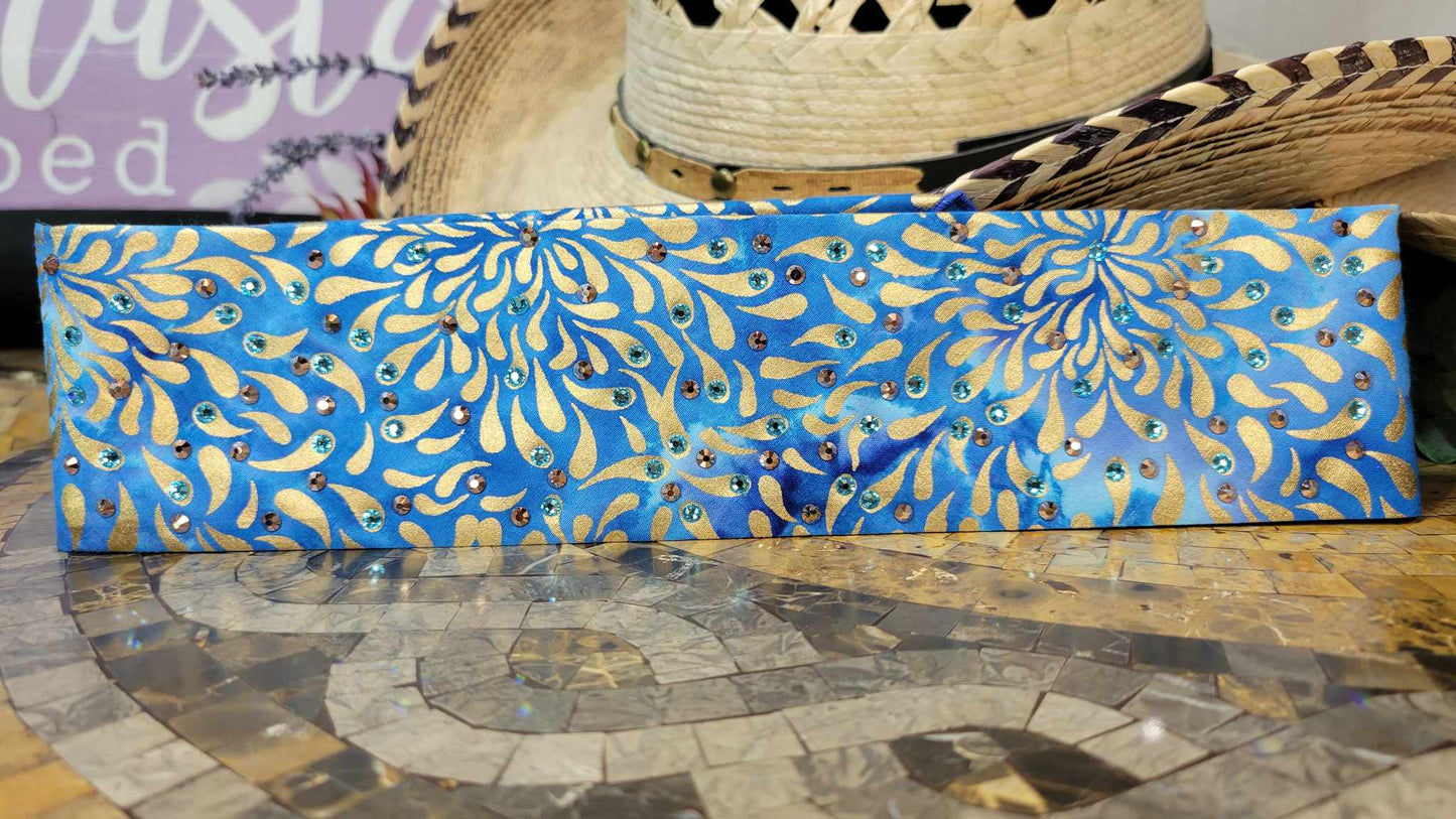 Narrow Gold Flowers on Blue with Aqua and Rose Gold Austrian Crystals (Sku6126)