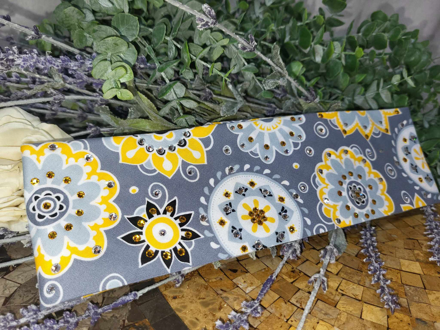 Yellow Flowers on Dark Grey with Yellow and Diamond Clear Austrian Crystals (Sku6129)