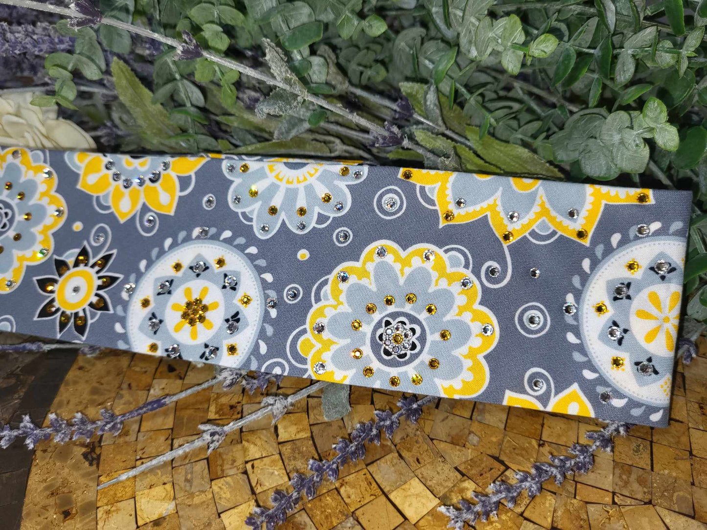 Yellow Flowers on Dark Grey with Yellow and Diamond Clear Austrian Crystals (Sku6129)
