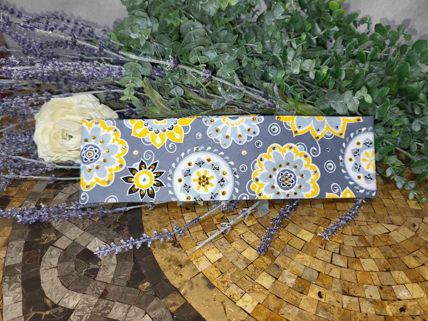 Yellow Flowers on Dark Grey with Yellow and Diamond Clear Austrian Crystals (Sku6129)