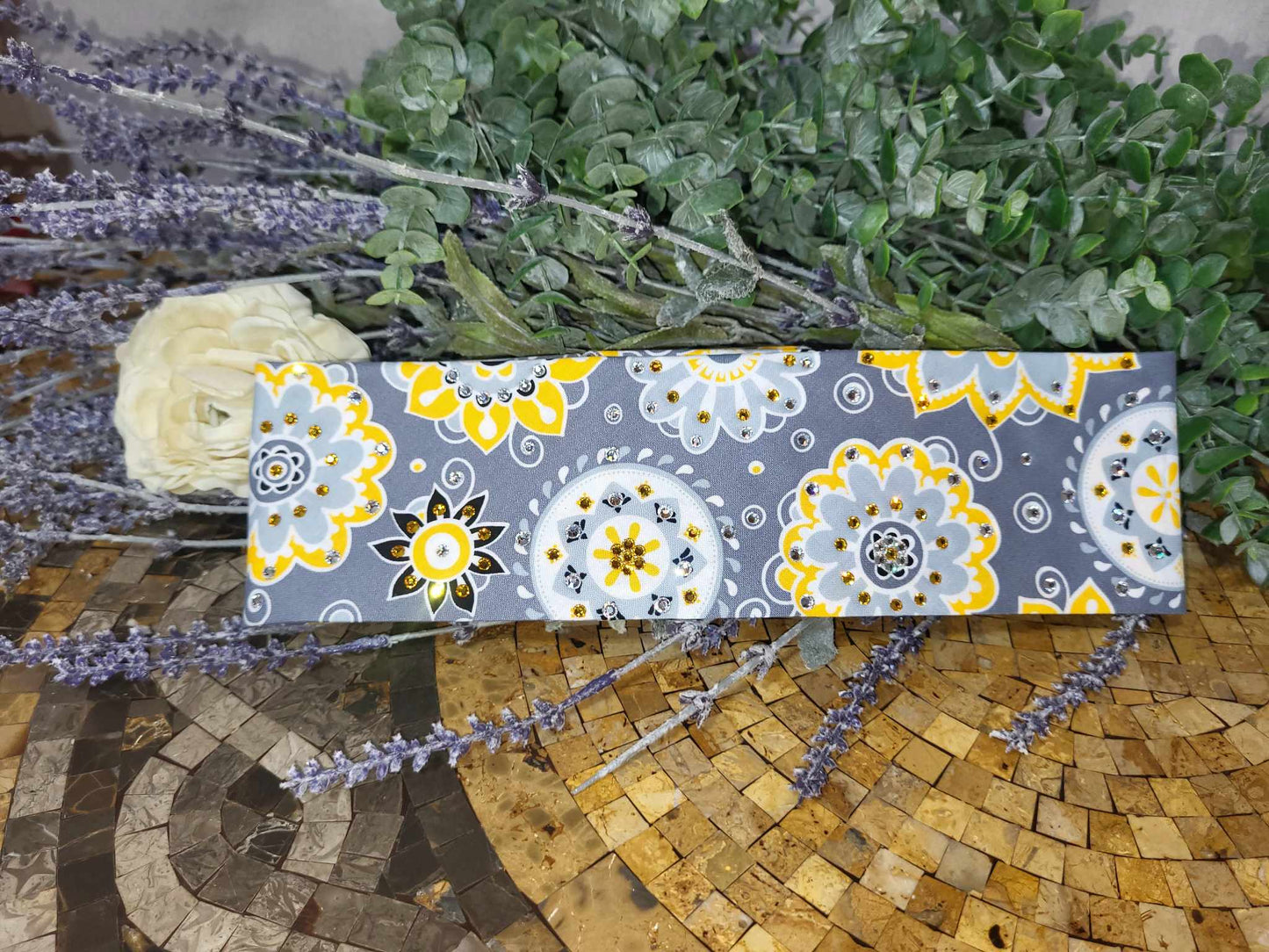 Yellow Flowers on Dark Grey with Yellow and Diamond Clear Austrian Crystals (Sku6129)
