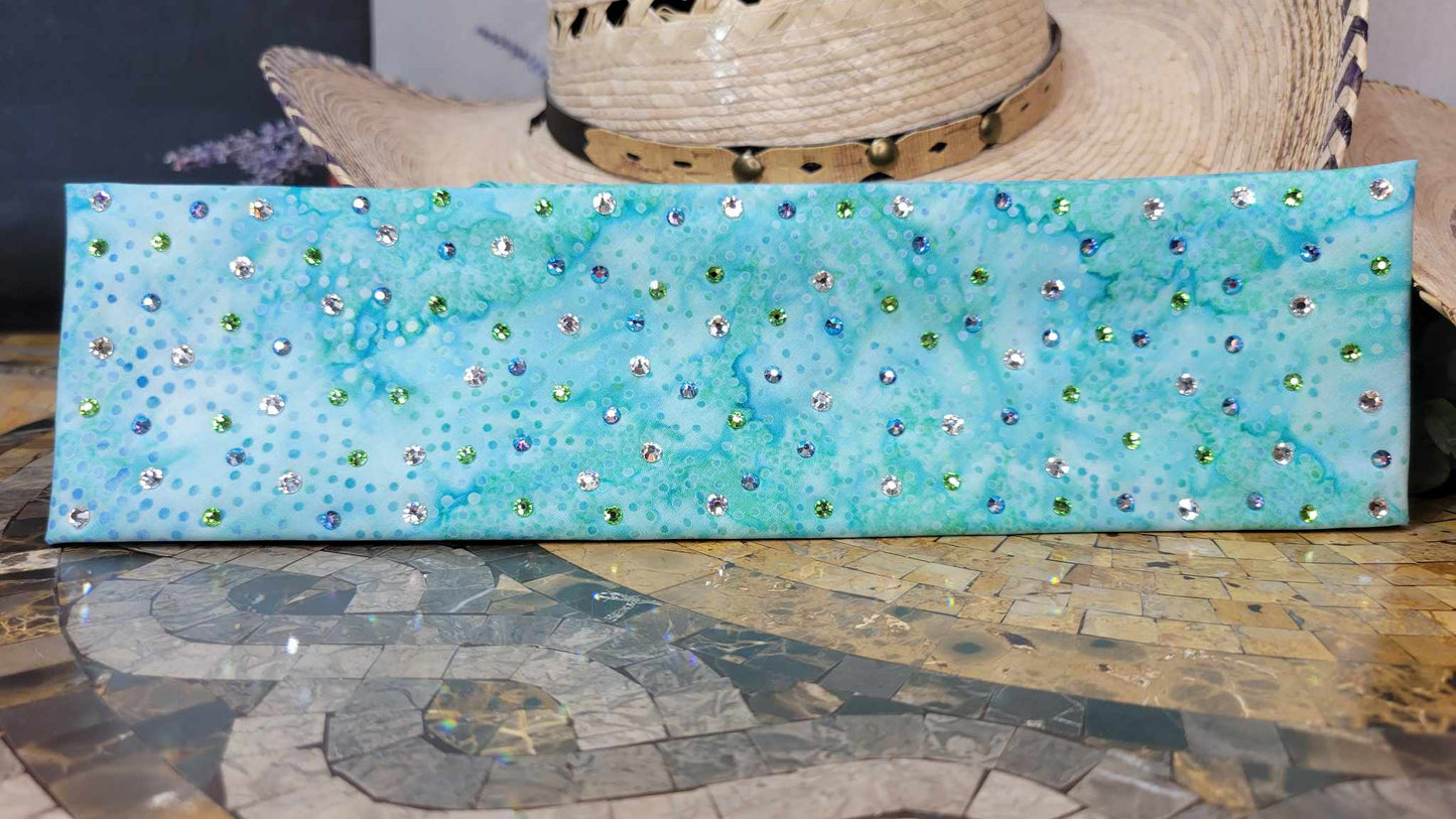 Green Blue Water Spots Bandana with Light Green, Blue Shimmer and Diamond Clear Austrian Crystals (sku6131)