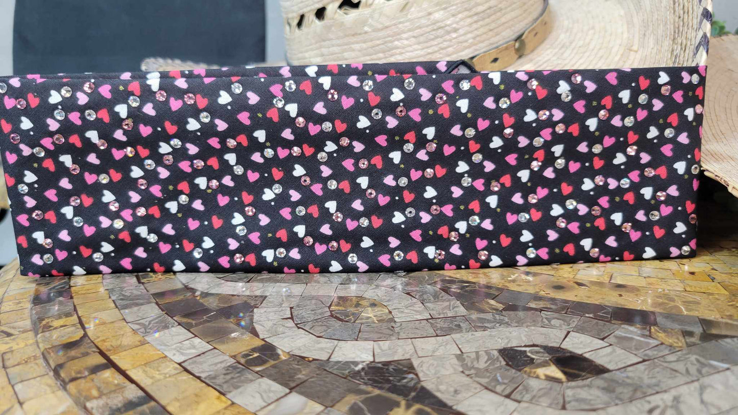 Hearts on Black Bandana with Pink and Diamond Clear Austrian Crystals (sku6132)
