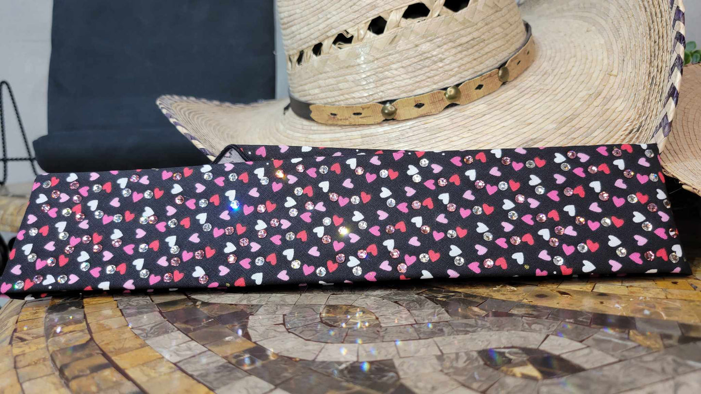 Narrow Hearts on Black Bandana with Pink and Diamond Clear Austrian Crystals (sku6133)