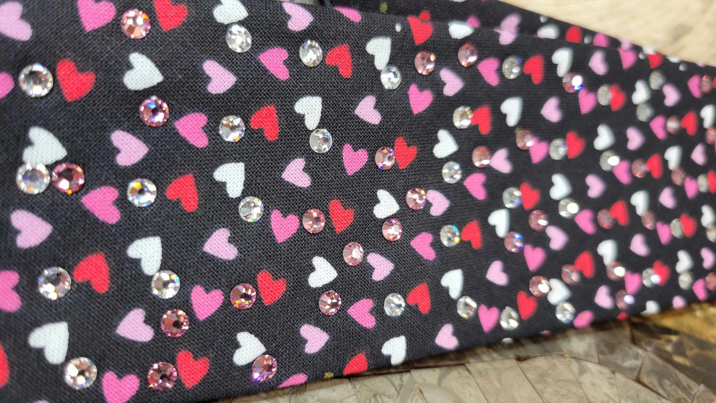 Narrow Hearts on Black Bandana with Pink and Diamond Clear Austrian Crystals (sku6133)