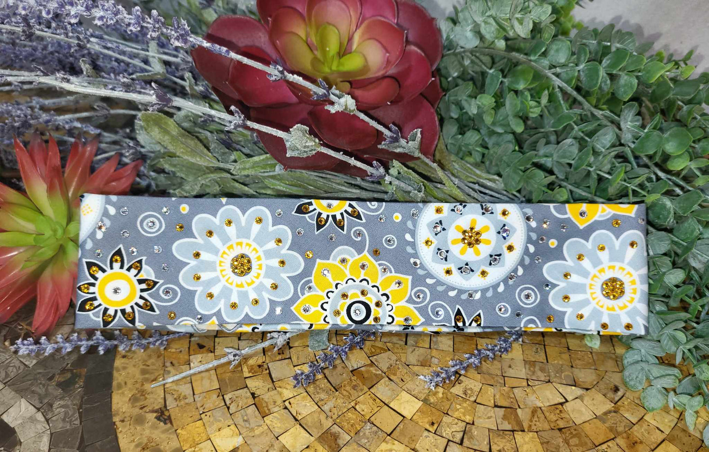 Narrow Yellow Flowers Bandana on Grey with Yellow and Diamond Clear Austrian Crystals (Sku6135)