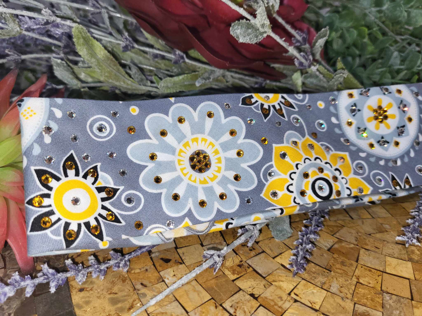 Narrow Yellow Flowers Bandana on Grey with Yellow and Diamond Clear Austrian Crystals (Sku6135)