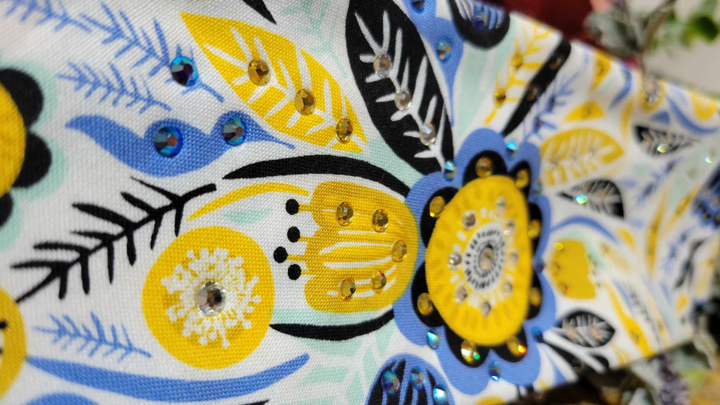 Yellow and Blue Flowers Bandana with Yellow, Blue Shimmer, Black and Diamond Clear Austrian Crystals (sku6136)