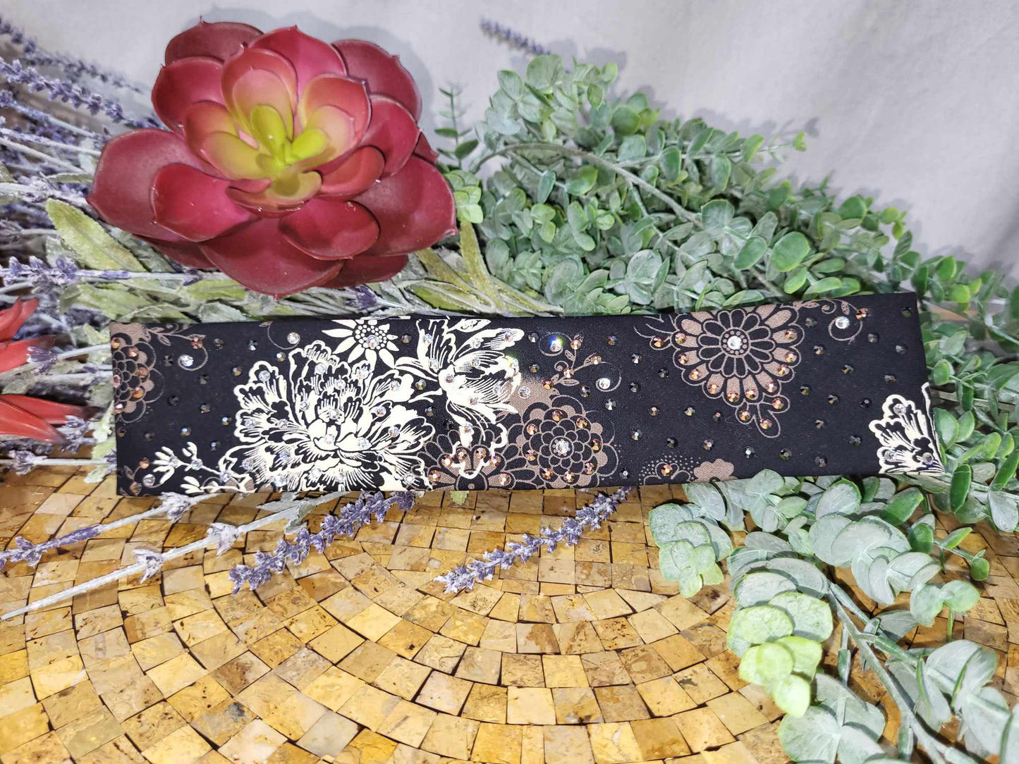 Narrow Cream and Brown Flower with Black, Rose Gold, Diamond Clear Austrian Crystals (sku6145)