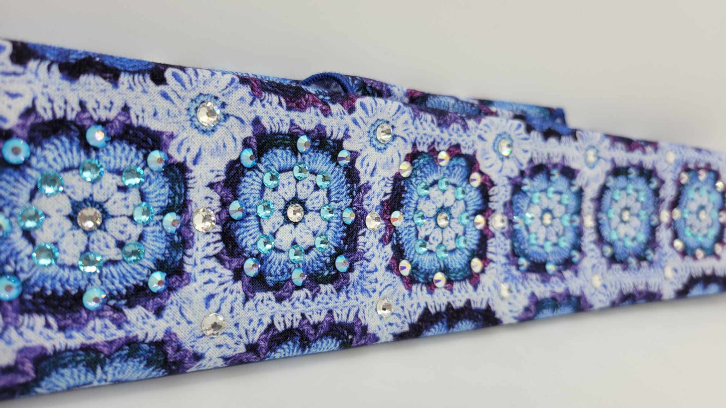 Narrow Blue Quilt Bandana with Aqua, Aurora Borealis, Blue Shimmer and Diamond Clear Austrian Crystals (sku6160)