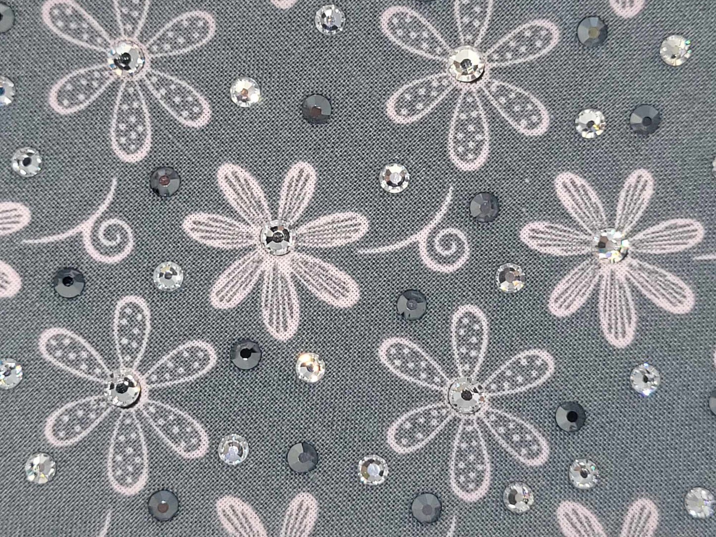 Pink Daisies on Grey Bandana with Black and Diamond Clear Austrian Crystals (Sku6163)