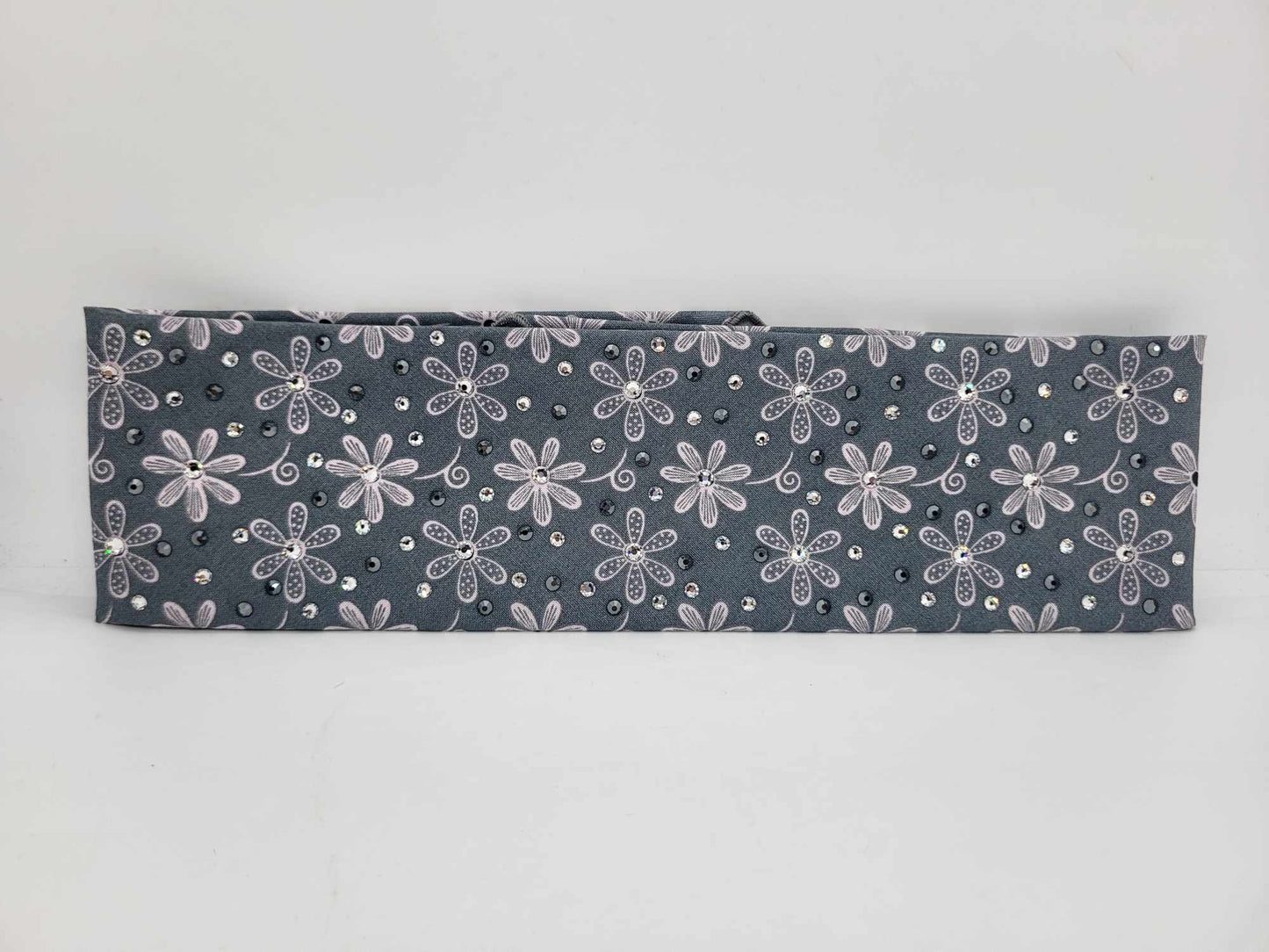 Pink Daisies on Grey Bandana with Black and Diamond Clear Austrian Crystals (Sku6163)