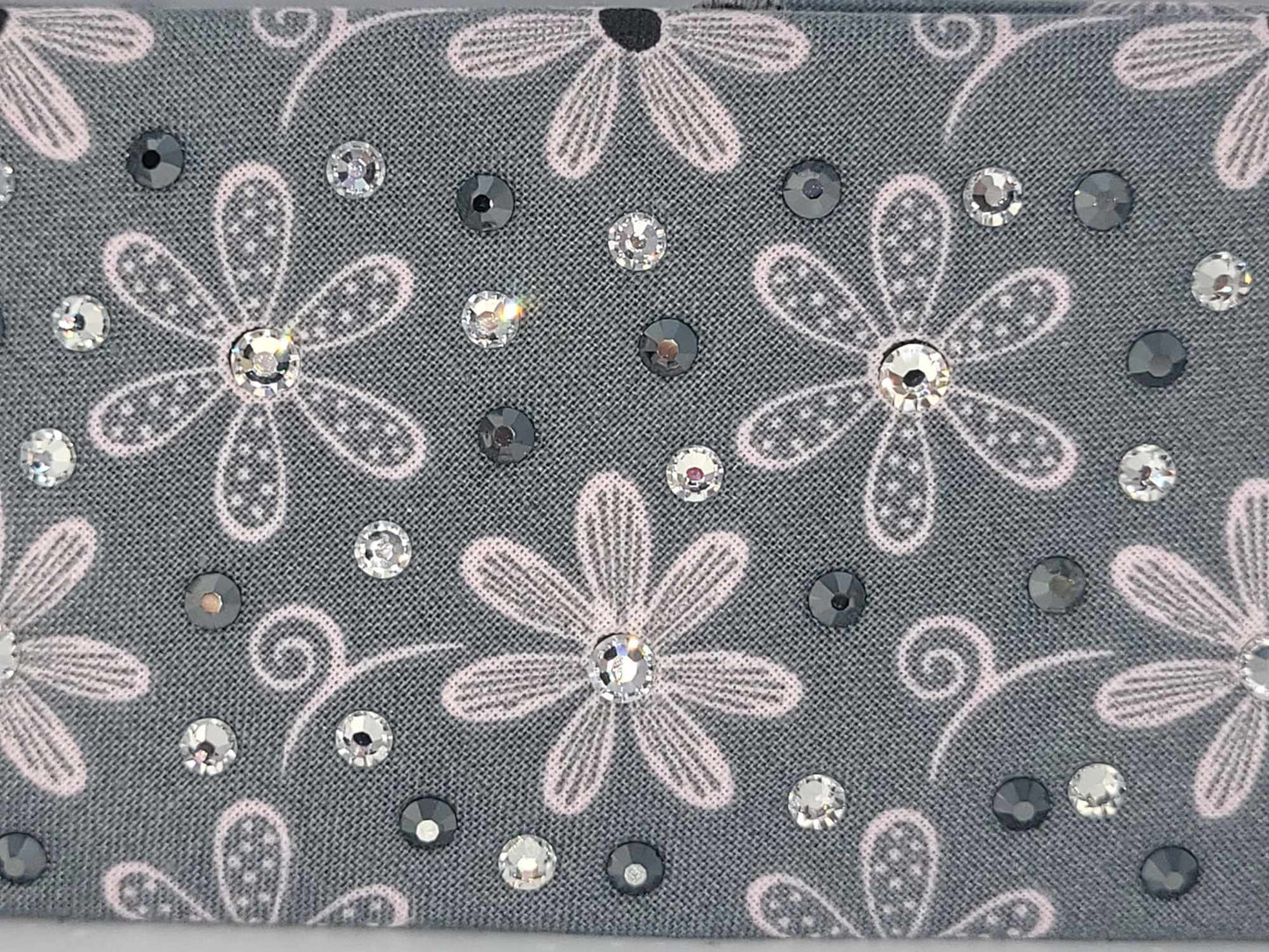 Narrow Pink Daisies on Grey Bandana with Black and Diamond Clear Austrian Crystals (sku6165)