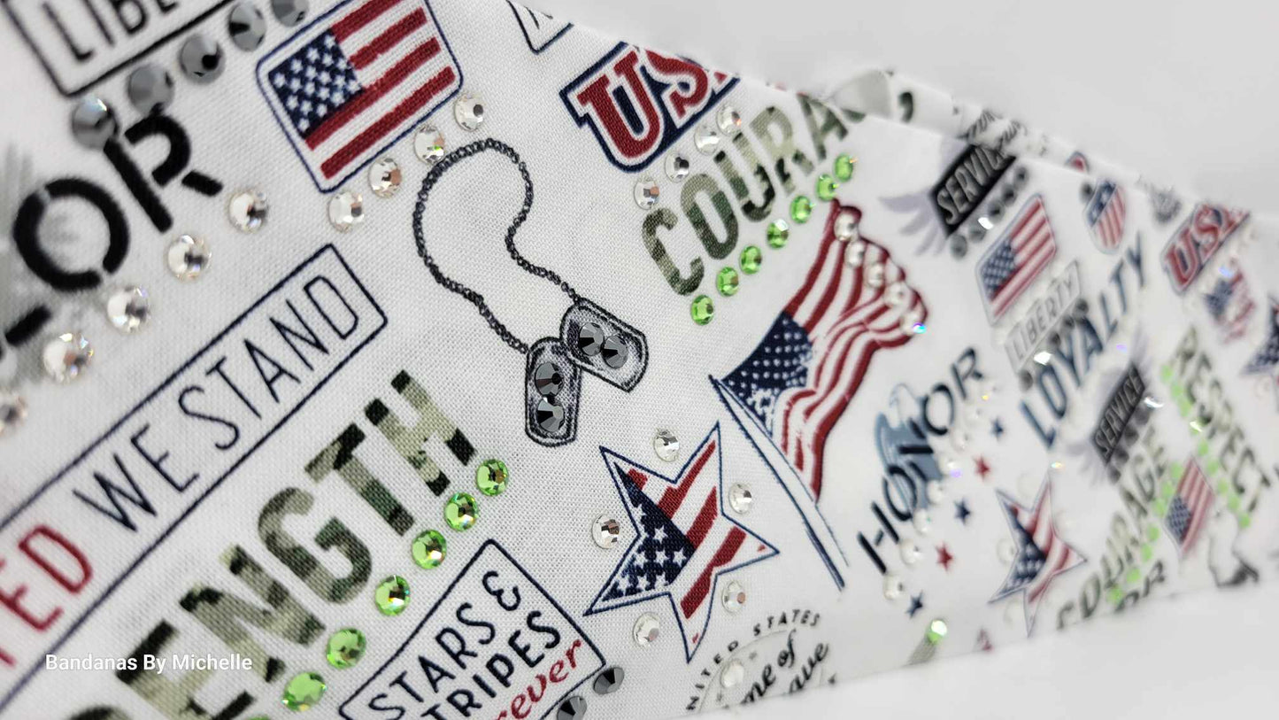 Patriotic Bandana with Black, Green and Diamond Clear Austrian Crystals (Sku6178)