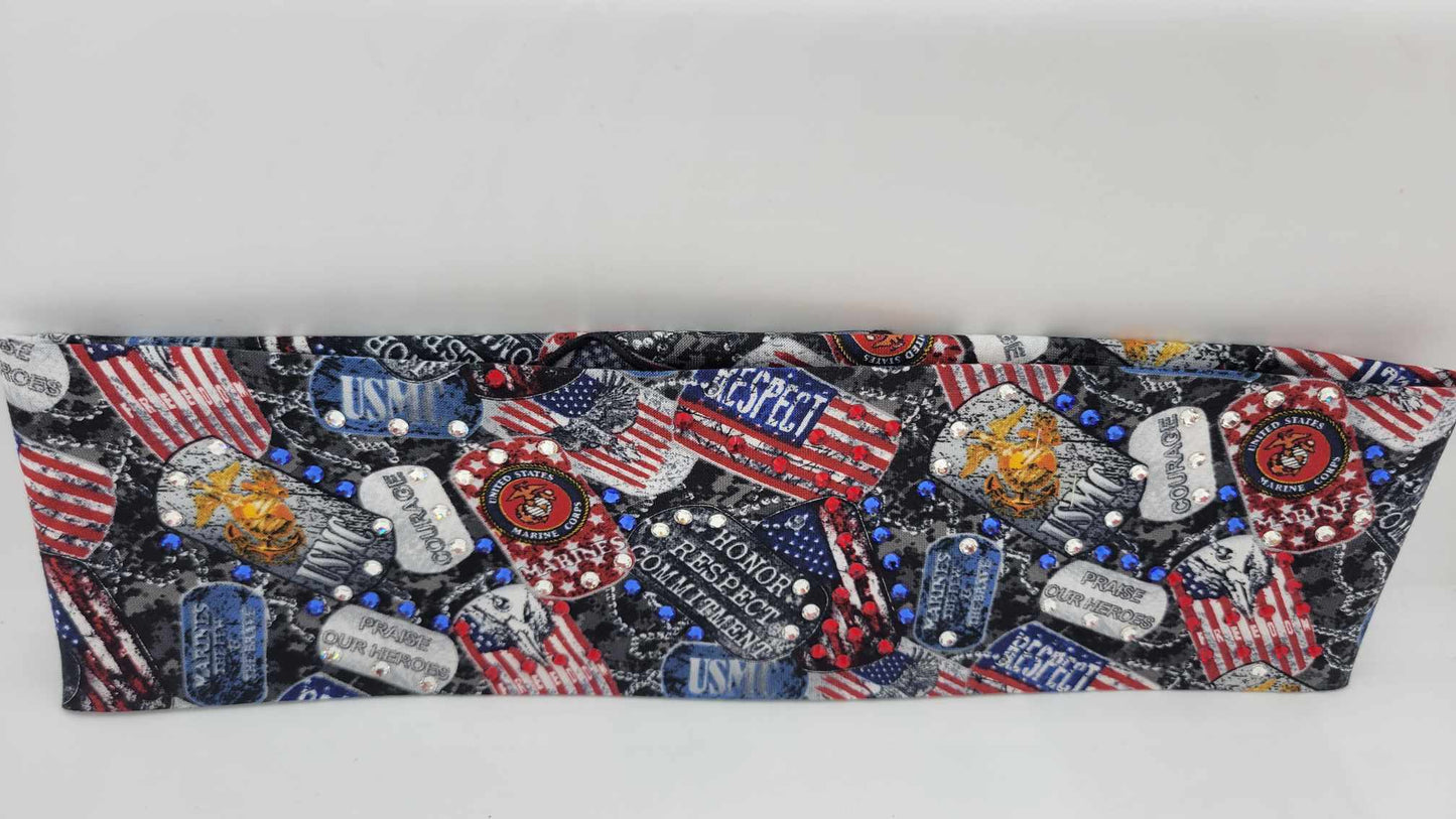Marine Corp Bandana with Red, Blue and Diamond Austrian Crystals (Sku6196)