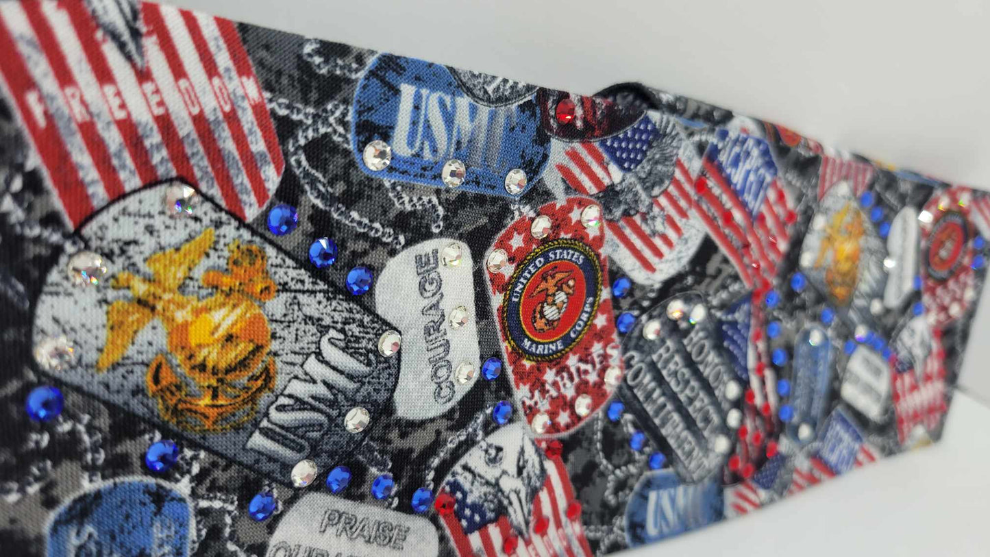 Marine Corp Bandana with Red, Blue and Diamond Austrian Crystals (Sku6196)